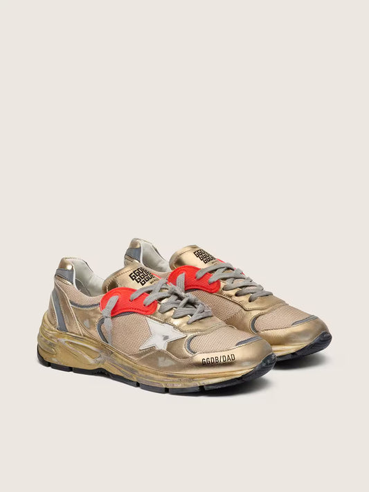 Dad-Star pour femme en cuir lamé doré et résille avec étoile en cuir blanc et contrefort en cuir doré